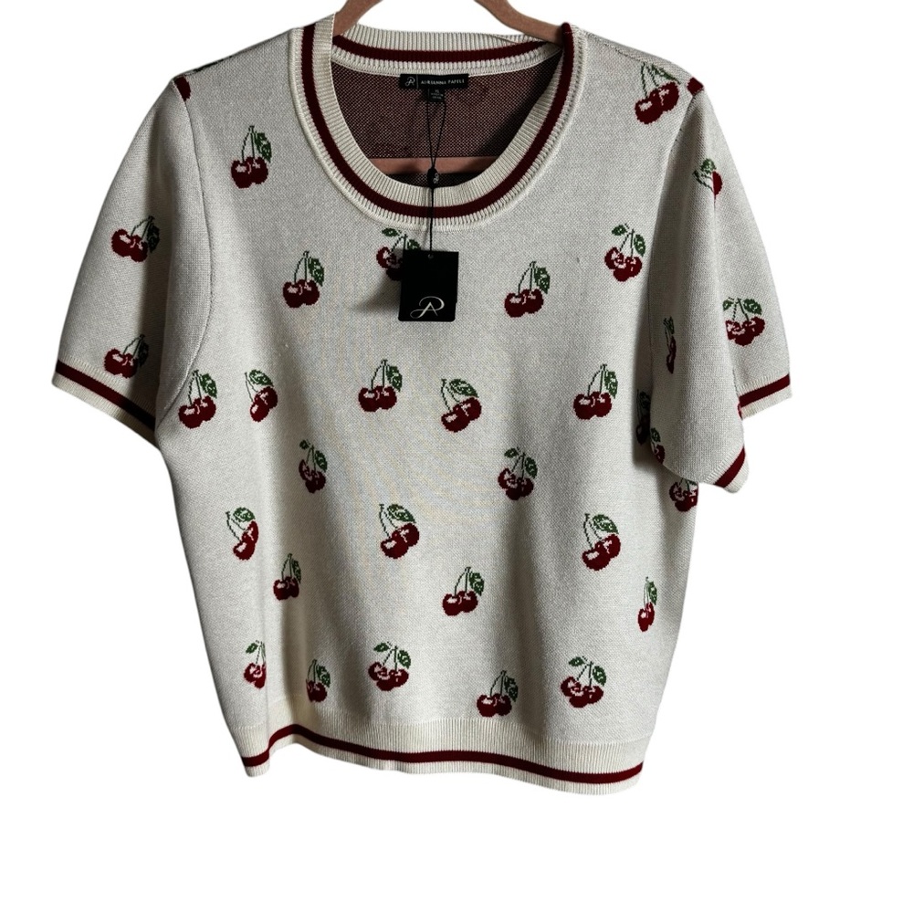 Adriana Papell NWT  SHORT SLEEVED CHERRY DESIGN CREWNECK SWEATER SIZE EXTRA LARG